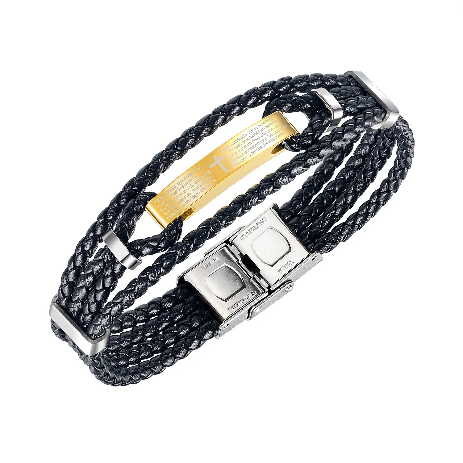 
Punk Rock Style Black Leather High Polished Stainless Clasp Male Bracelet Multi Layers Christian Cross Braided Bracelet For Men 