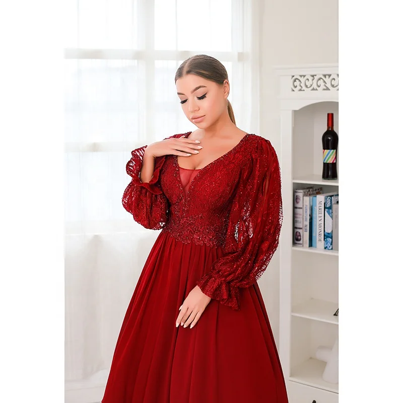  Plus Size Fashion Elegant Ball gown Short Mini Dresses Women Pure Red Lace Knee Length Party Evening With Long Sleeves