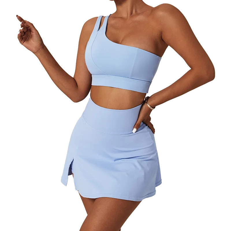TZ6358 new arrival Yoga 2-piece skirts Set one shoulder strap bra women outdoor sports nude tennis skirts Fitness Gym Wear