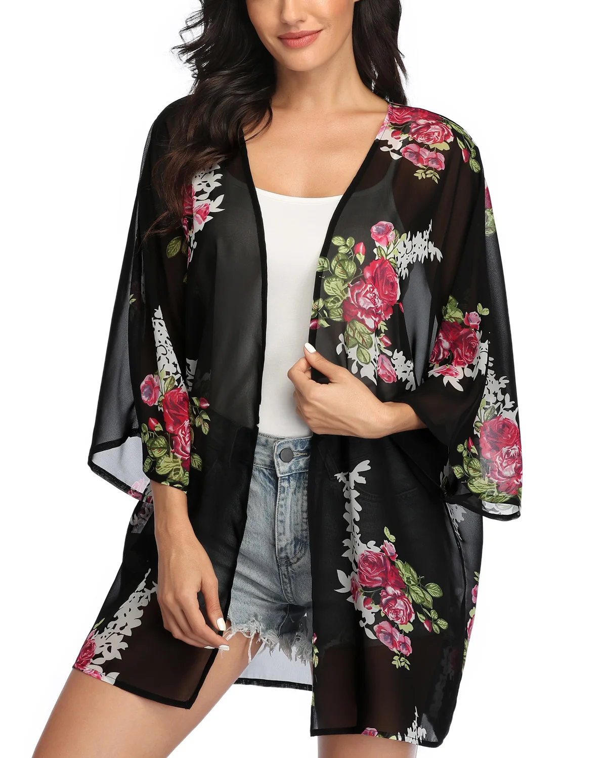 Women Plus Size Floral Chiffon Silk Cardigan Beachwear Coverup Kimono Stain Cardigan Ladies