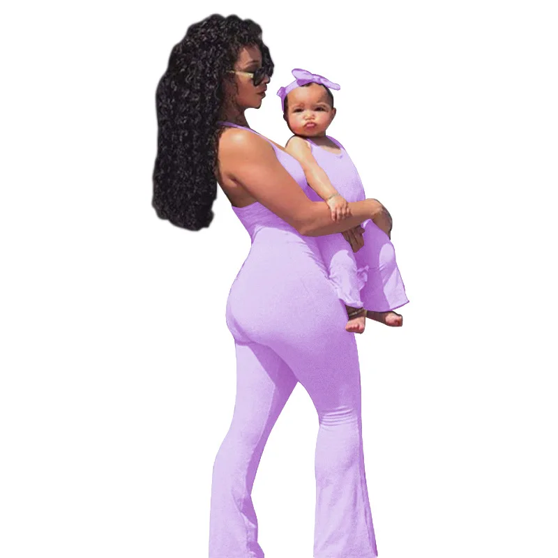 2021 mother and daughter clothes summer blue casual one piece jumpsuit mommy me family matching
