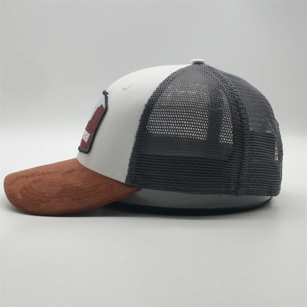 High Quality Mens Printed Embroidery Patch Suede 6 Panel Structured Mesh Trucker Hat Custom