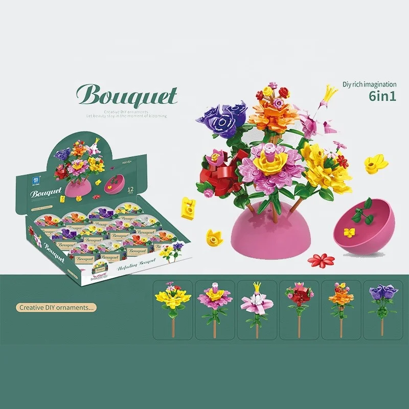 New Product Tiktok Funny Abs 6 In 1 DIY Rich Imagination Flower Building Block Sets Toys For Kids Surprise Egg Gashapon Capsule