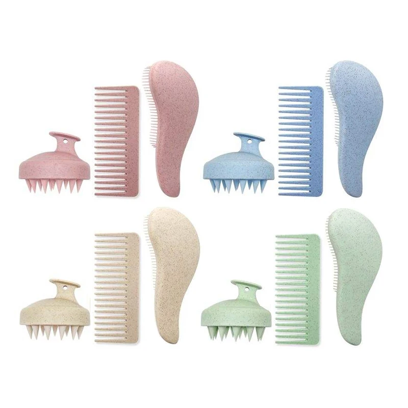 Eco-friendly Wheat Straw Detangling Hair Brush Set detangler comb For Curly Hair wide Tooth Brush Scalp Massager Shampoo Brush