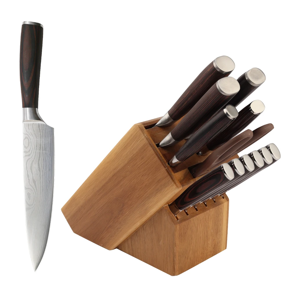 KITCHENCARE Hot Selling Factory Price OEM Metal 13 Piece Chef Block Set Wooden Kitchen Knives Set with Stand