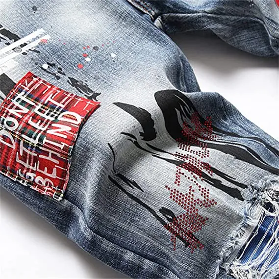 Custom Street style Ripped Pantalones Jeans Straight Fit Distressed Patched Jeans Motor Biker Denim tapered denim