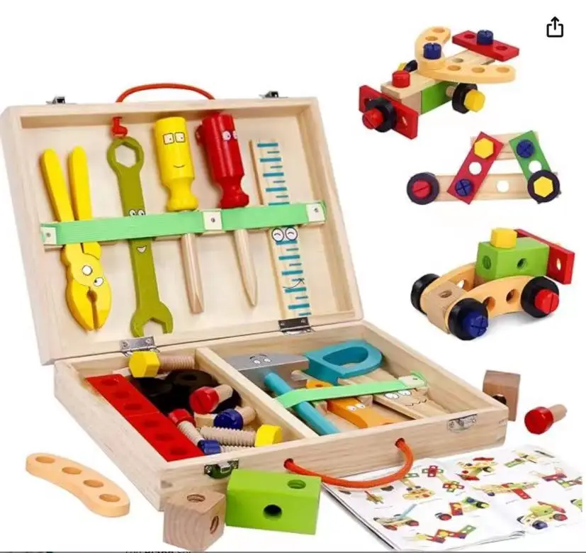 2023 Hot Sale Tool Kit For Kids 36 Pcs Wooden Toddler Tools Set Includes Tool Box Montessori Educational Stem Construction Toys