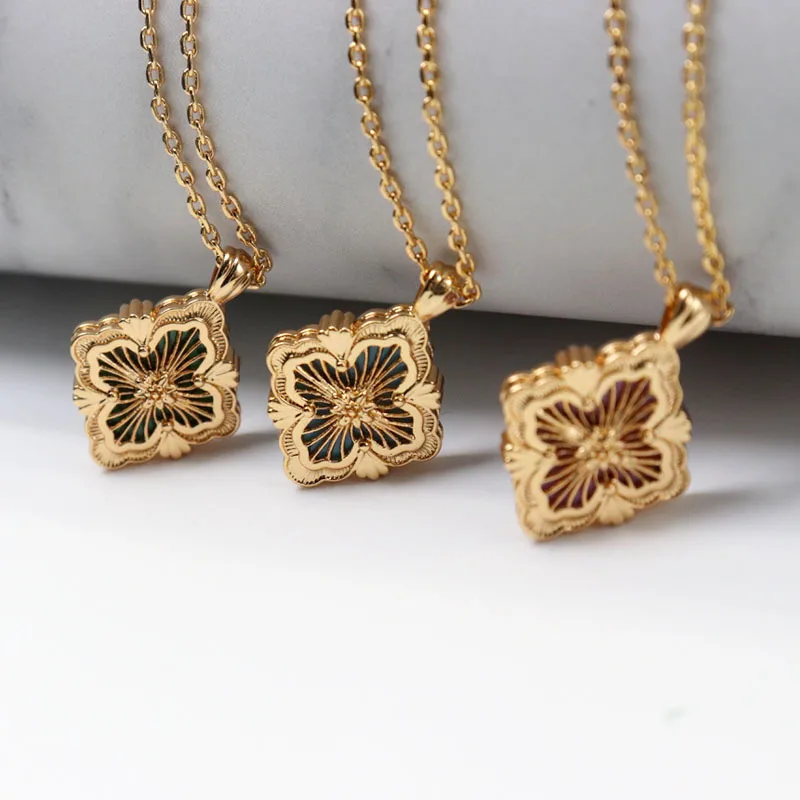 Italian wire drawing process 18K gold color blue enamel retro court style white shell clavicle clover Pendant Necklace