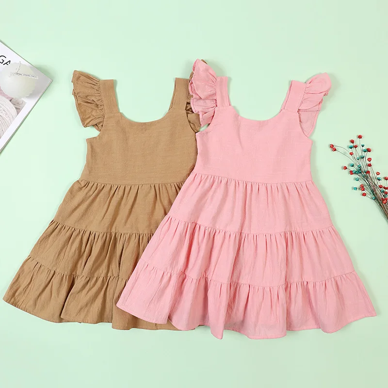 Solid Color Cotton Linen Girls Bohemian Sleeveless Long Skirt Baby Girls  Party Dress