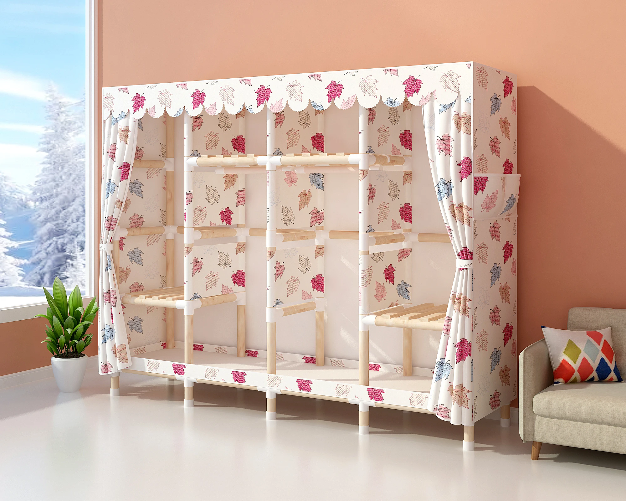 s1.7m  Factory direct solid wood closet fully assembled mobile simple wooden portable closet