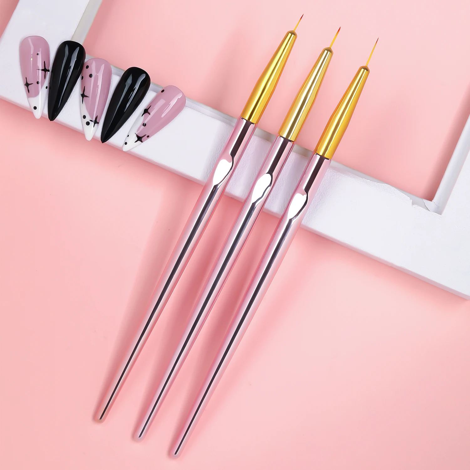 3Pcs Rose Gold Handle Grip Nail Detail Line Brush Set Stripe Drawing Art Pen Painting Flower Manicure Supplies Tools Brush