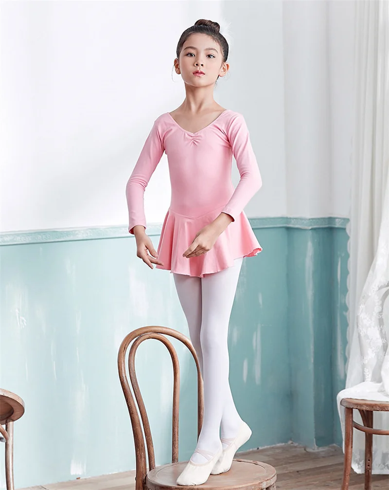 Custom One Piece Cotton Performance Dance Clothing Girls Ballet Tutu Skirt Dress Long Sleeve Children Training Dancewear