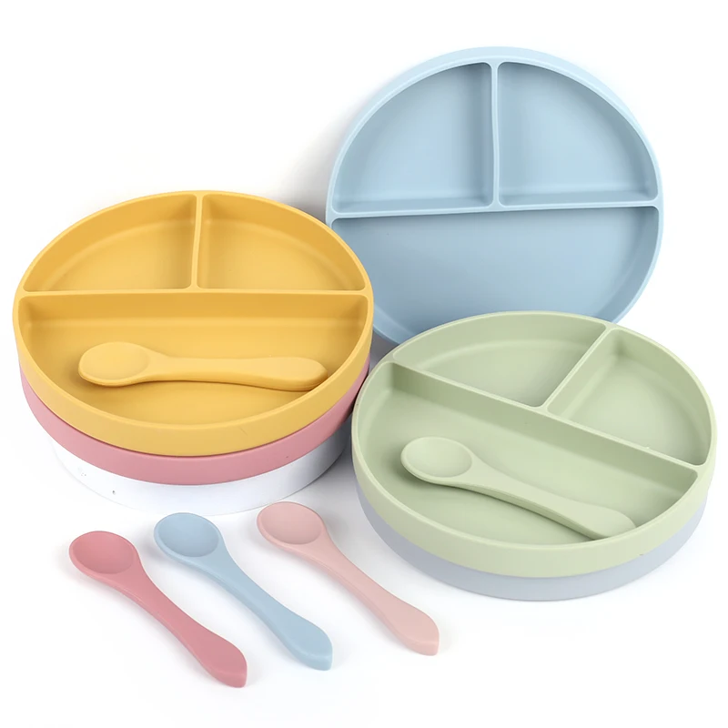 2021 latest Baby silicone Bib plate bowl set anti scald silicone plate with fork and spoon,baby bowl