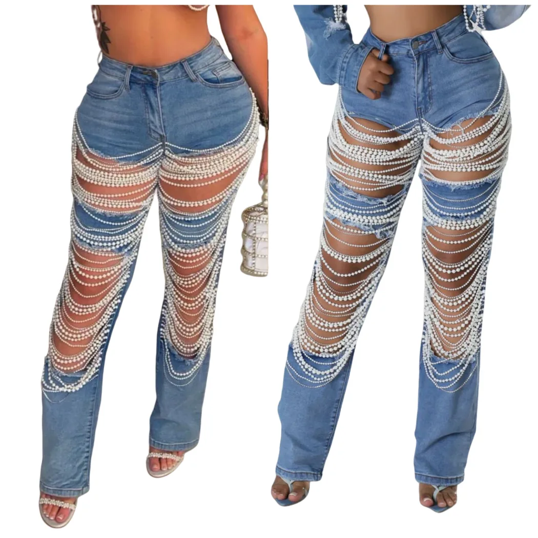Straight Jeans Women Holes Pearls Diamond Rhinestone Solid Color High Waist Fashion Cotton High Street Ripped Denim Trousers