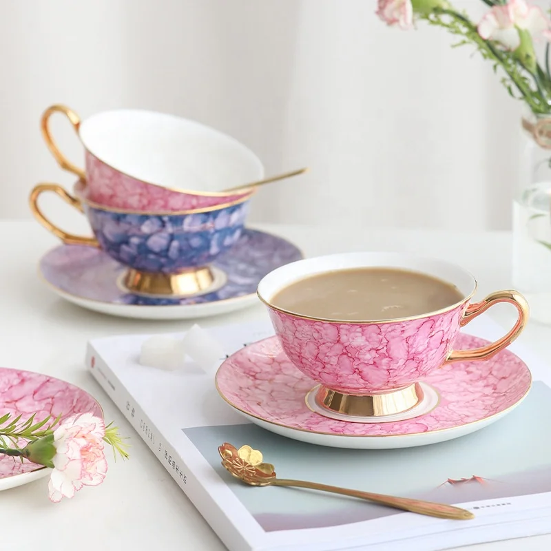 European household drinkware bone china coffee cup set English afternoon tea flower tea porcelain cup and saucer with holder