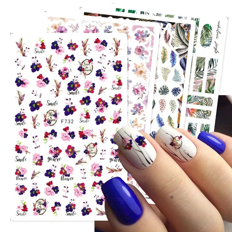 New nail art sticker spring and summer colorful flowers and green leaves designers nail art stickers decal