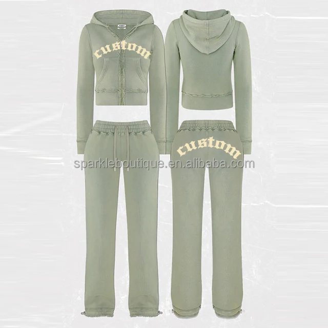 women velour tracksuit distressed embroidery hoodie stacked sweat pants womens tracksuits 2 piece set distressed