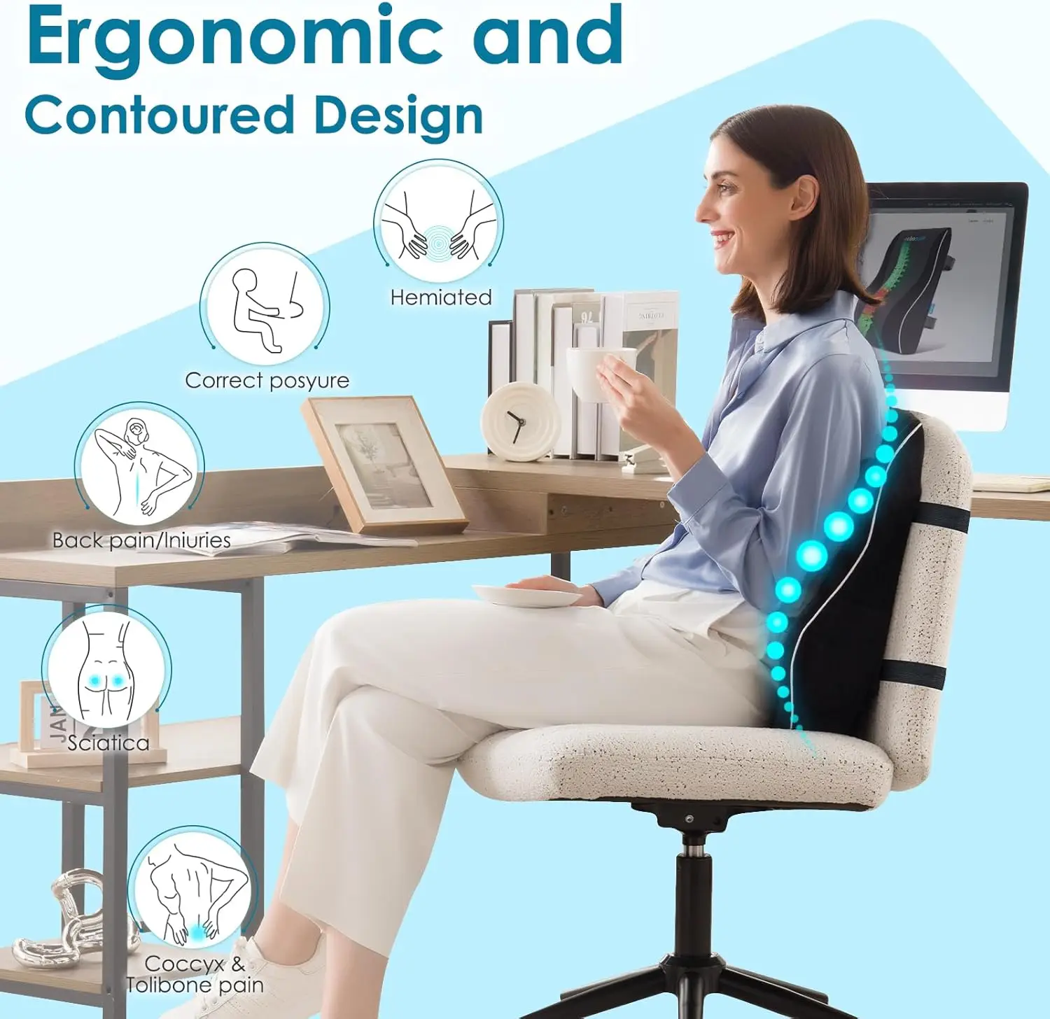 Lumbar Support Memory Foam Cushion with 3D Mesh Cover Ergonomic Orthopedic Back Rest Pillow for Office Chair Car