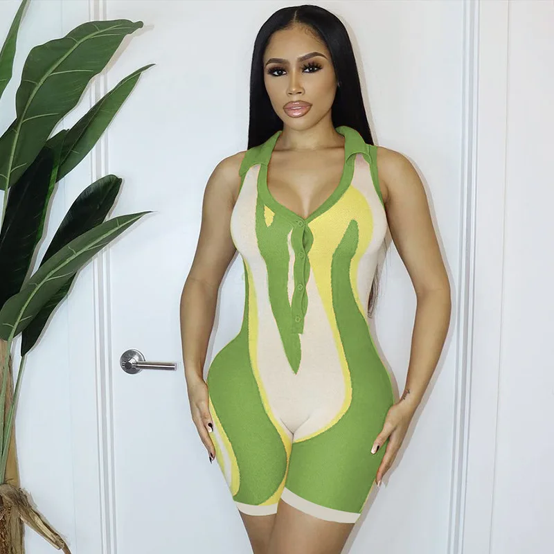 New trendy fall clothes rompers women ladies sleeveless v neck button knitted fitness print shorts jumpsuit