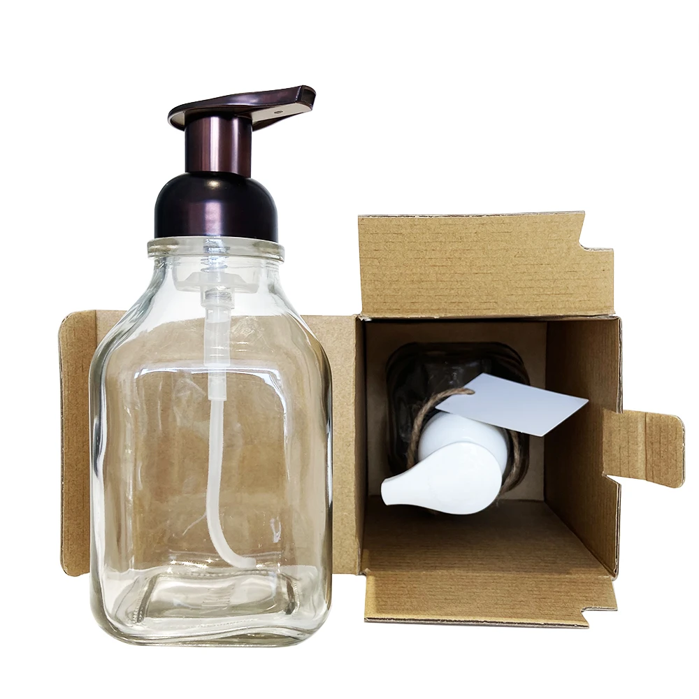 16oz Square Frosted Glass Foaming Soap Bottle With Silver Pump