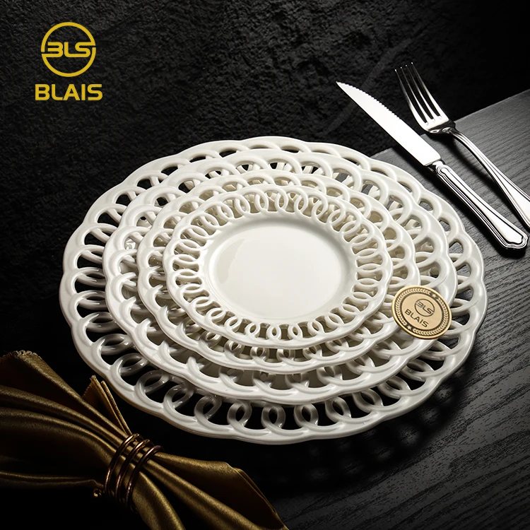 Nordic  white hollow design border plate  dinner porcelain dinnerware set for wedding rental, wholesale restaurant  dishes