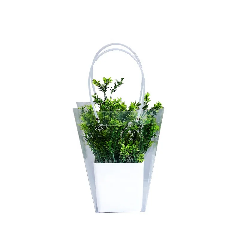 customized logo Transparent trapezoid PP bag Plastic clear flower packing Bag with long handle