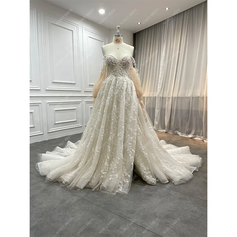 Princess Style Off Shoulder Puffy Sleeve Wedding Dress Sweetheart Girls Sexy Corset Slit Bridal Luxury Beaded Glitter Lace Gown