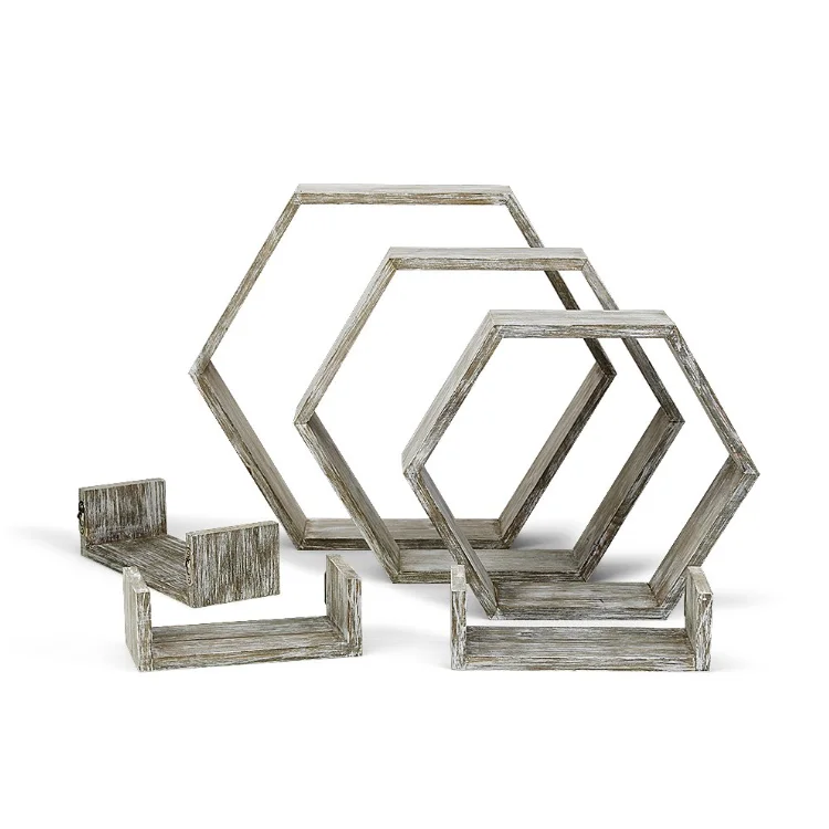Set of 6 Decorative Wooden Wall Mounted Storage Shelf 3 Hexagon Shape 3 Small U Shape Floating Wood Shelves