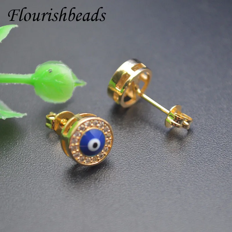 Hot Sale Anti-fading Blue Enamel CZ Paved Round Eyes Shape Stud Earring for Women Men Jewelry Wedding Birthday Party Gifts