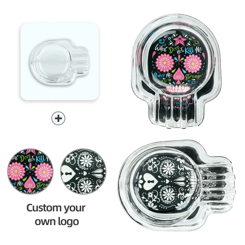 UKETA OEM/ODM custom logo funny skull shape table cigar cigarette glass ashtray for promotion