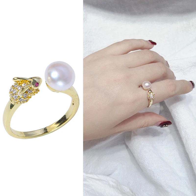 Модное кольцо с жемчугом и пуговицами размером 7-8 мм, покрытое позолотой 14 к, с милым Кроликом, по низкой цене