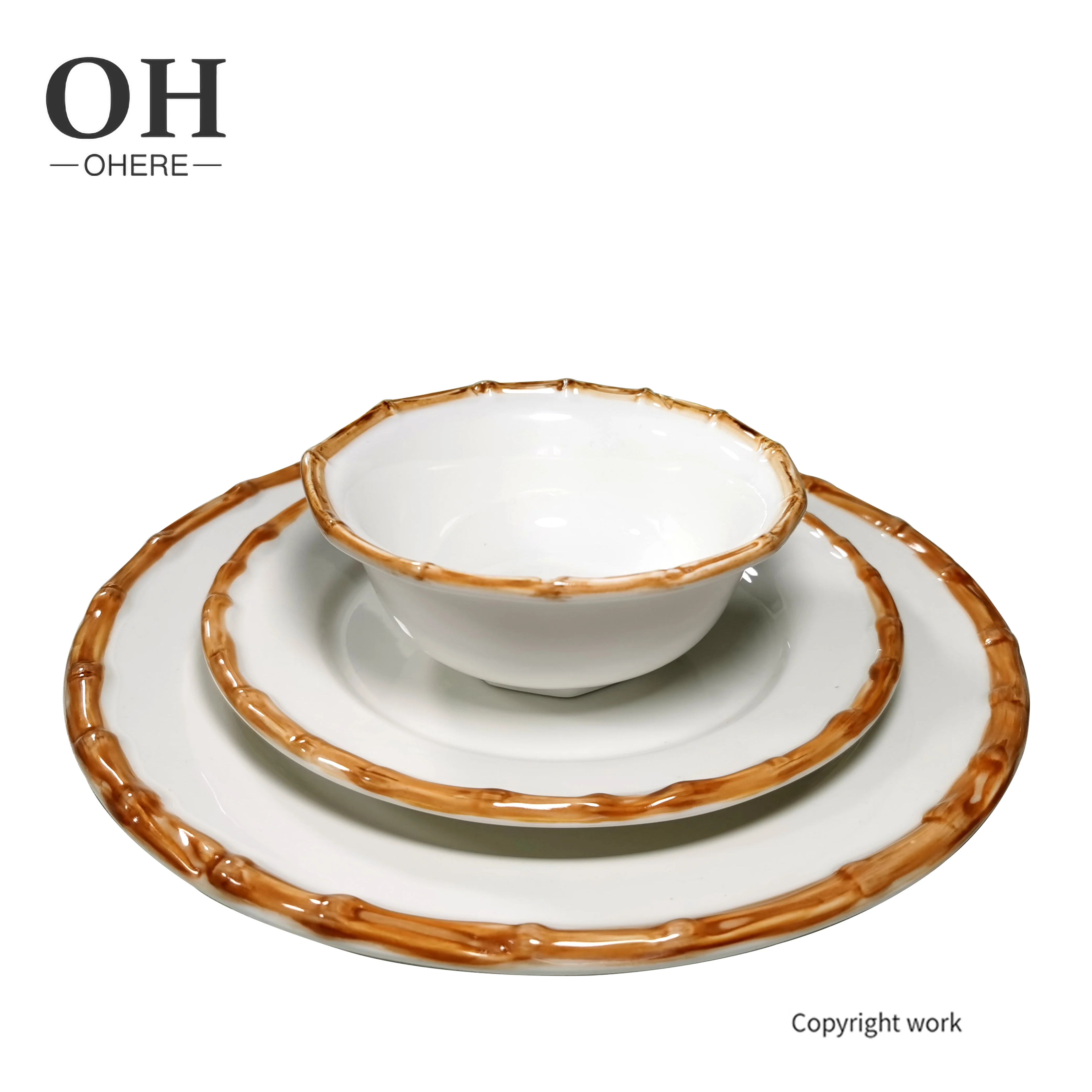 Hot sale White Bamboo edge relief Plate and Bowl Porcelain Dinner Set Wedding&Event Rental Dishes 10.5inch steak dinner plate