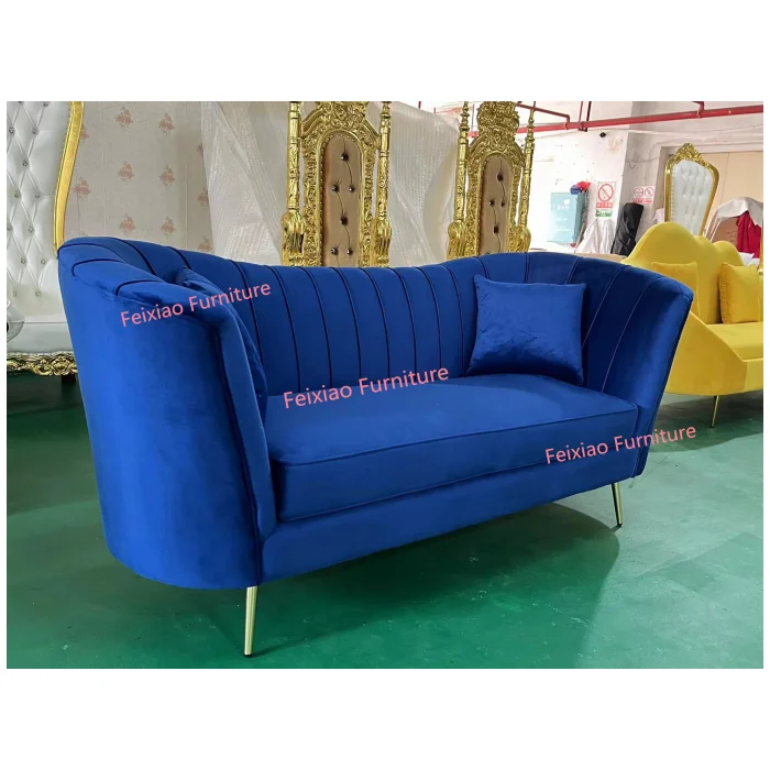 Modern Hotel Party Wedding Events Furniture Blue Velvet Cushion Stainless Steel 3 Seater Dining Sofa