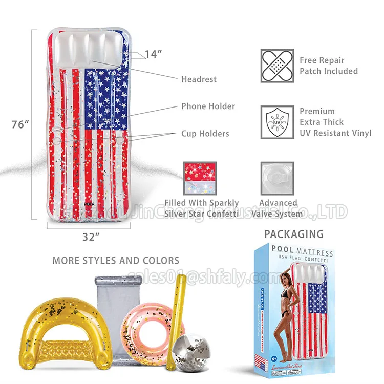 Support customization Inflatable USA Pool Float - with Sparkle Silver Stars Confetti,USA Flag  Water Swimming Pool Float