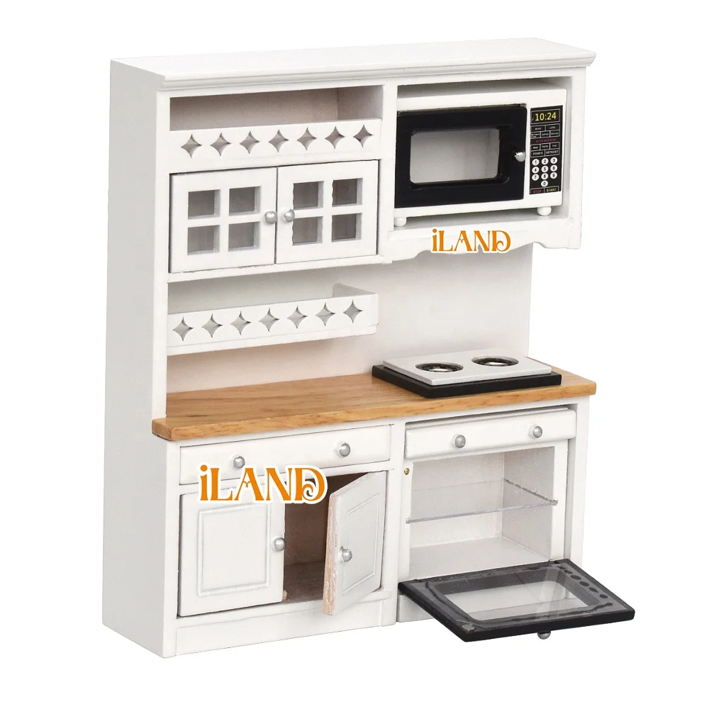 iLAND Wooden Dollhouse Furniture on 1/12 scale for Modern Doll House Kitchen Miniature Kitchen Cabinets Fridge Oven Microwave