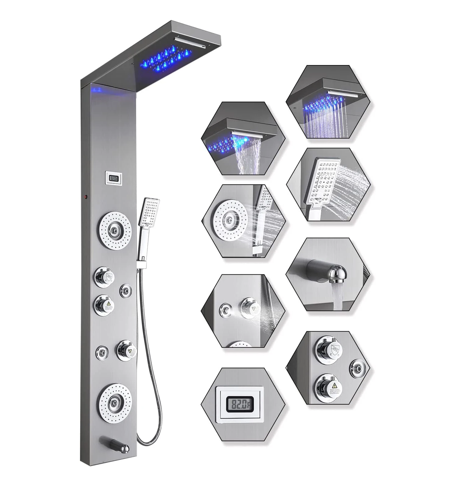 LED Rainfall Waterfall Shower Head 6-Function Faucet Massage Stainless Steel Tower System Shower Panel with Body Jet