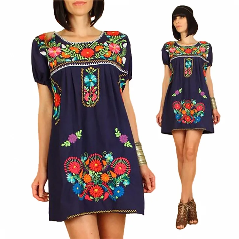 Custom design womens boho clothes  Mexican embroidered dress plus size skirt tops ethnic blouse clothing quality linen dress