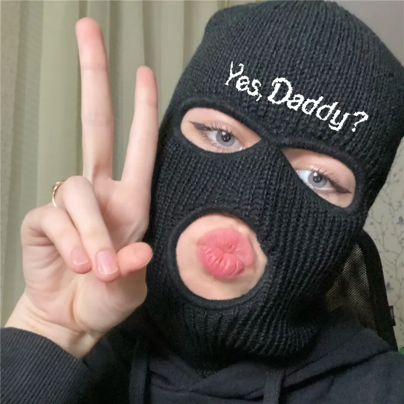 Yes daddy fashion ski mask sexy balaclava face mask 3 hole knitted full face cover woman winter hat