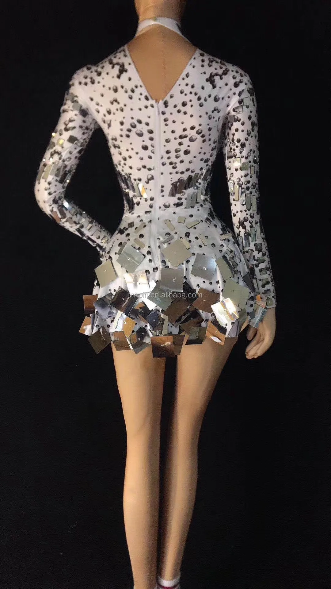 Short Shinning Silver Mirrors Stone Dress Female Singer Dancer Bright Bodysuit Costume One-Piece Nightclub Outfit Party Dresses