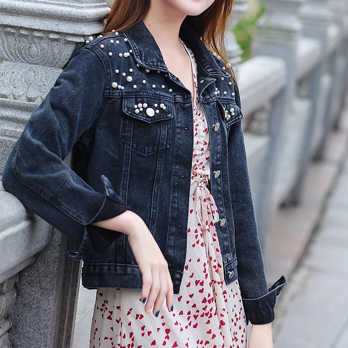 Spring Fashion Long Sleeve Women Pearl Jean Jacket Denim Jacket for Women 2021