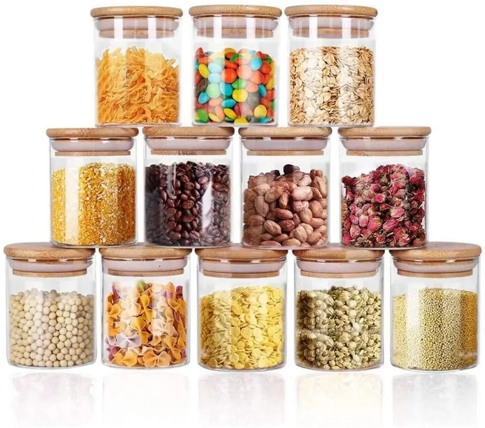 
High Borosilicate Air Tight Bottle Glass Container Water Food Storage Spice Jar With Bamboo Lids 