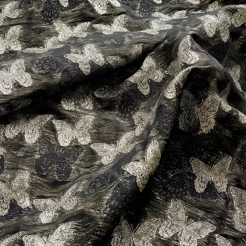 gold silk butterfly jacquard beautiful dress fabric by elegant black dress yarn-dyed shaggy skirt decorative fabric
