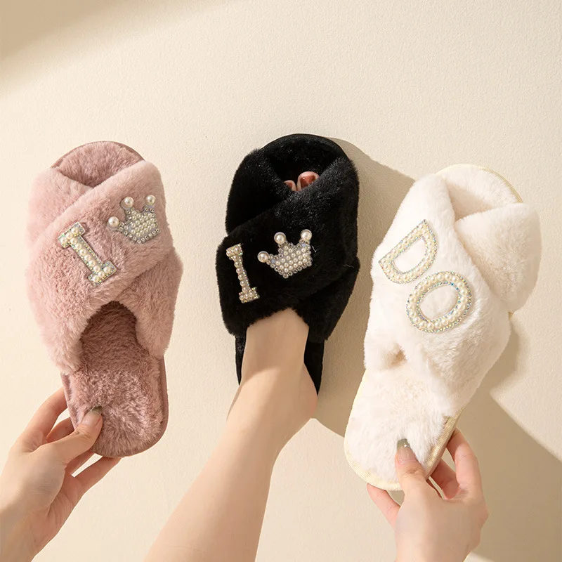 Heart Love Fluffy Fur Slippers Women Warm Open Toe Plush Memory Foam Ido Slide Slippers Home 2023 Winter Indoor Shoes