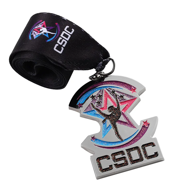Manufacturers personalized soft enamel zinc alloy powders designs glitter effect dance competition silver medal