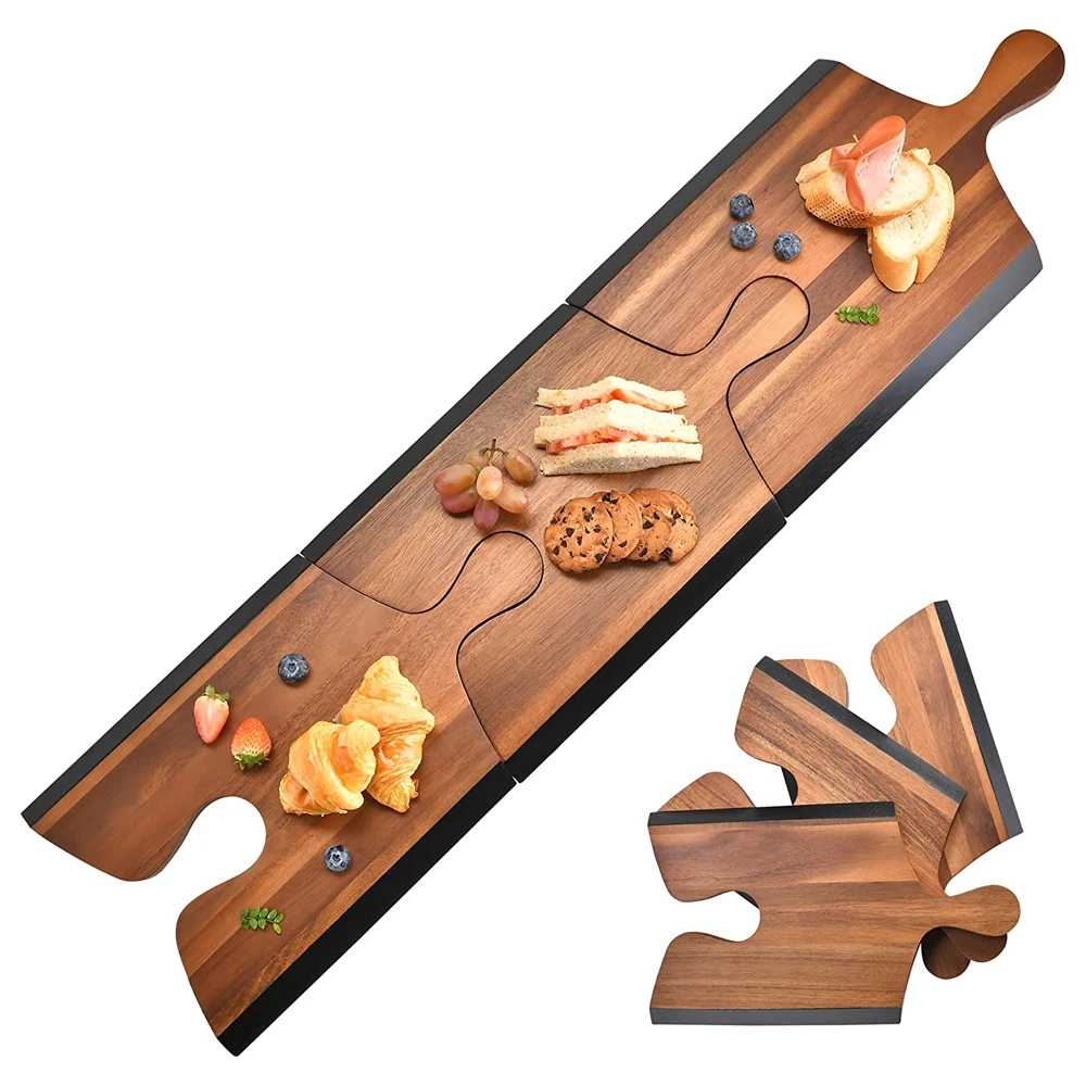 Personalised Acacia Wood Cheese Board Set with Puzzle Handles Set of 3 Party Serving Platter for  Meat Cheeses and Appetizers