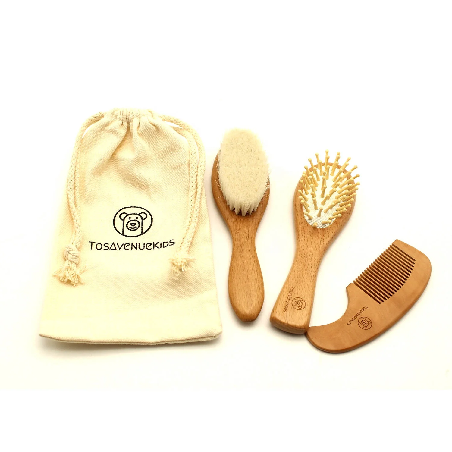 Cute wooden baby hair brush and comb set with custom cotton bag