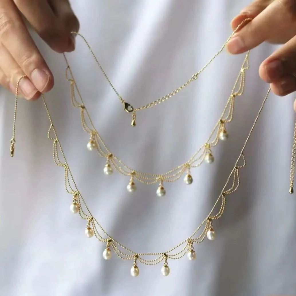 Explosion style struck lace multi-bead necklace peas chain 7-8mm  high quality freshwater rice pearl necklace ladies necklace