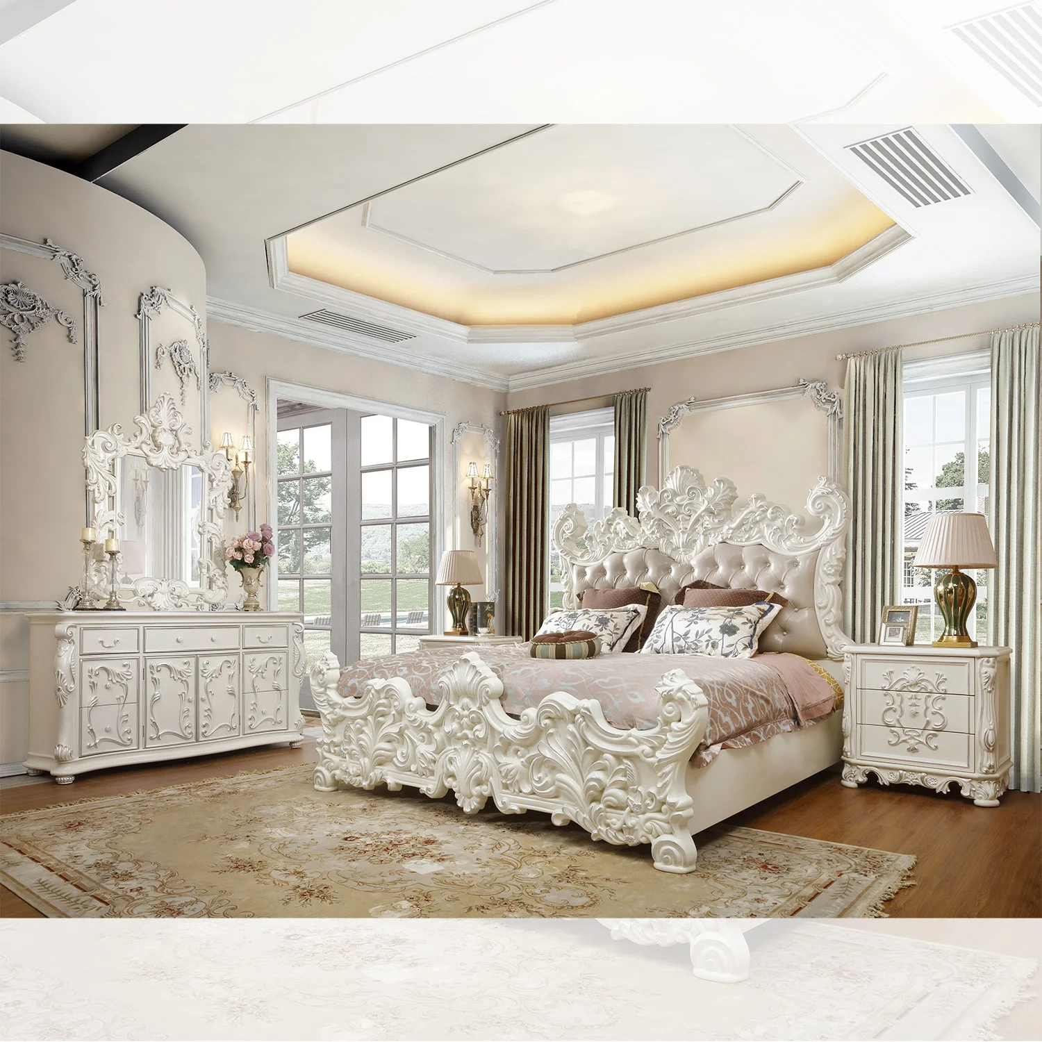 Rococo Style Ivory Wooden 5PC Bedroom Set Italian Hand Carved Crown Bed With Tufted leather Headboard