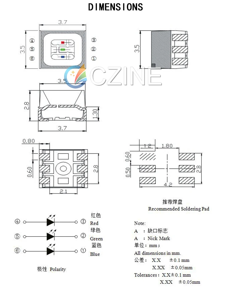 CZINELIGHT 6-контактный rgb чип smd светодиодный 3535 красный зеленый синий