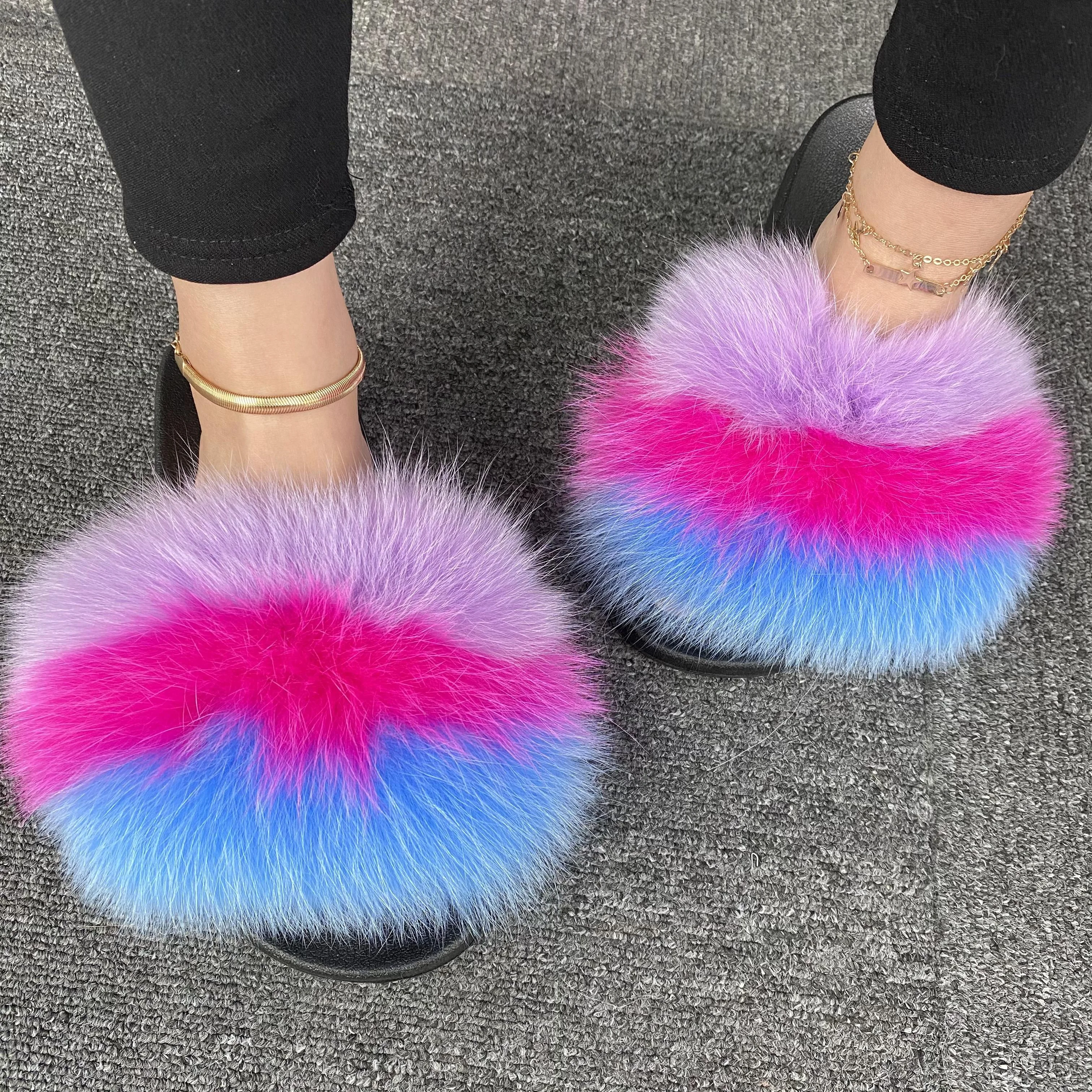 
Drop Shipping Services Fashion Flat Raccon Fur Slippers Open Toe Furry Fox Fur Slides 